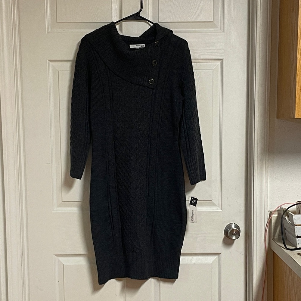 Studio One Black Long Sleeve Cable Knit Sweater Dress